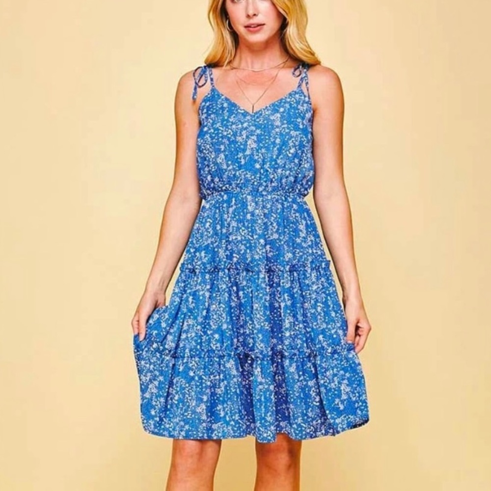 Anthropologie Pinch Floral Blue and White Sundress Tiered Skirt Bow Straps Small